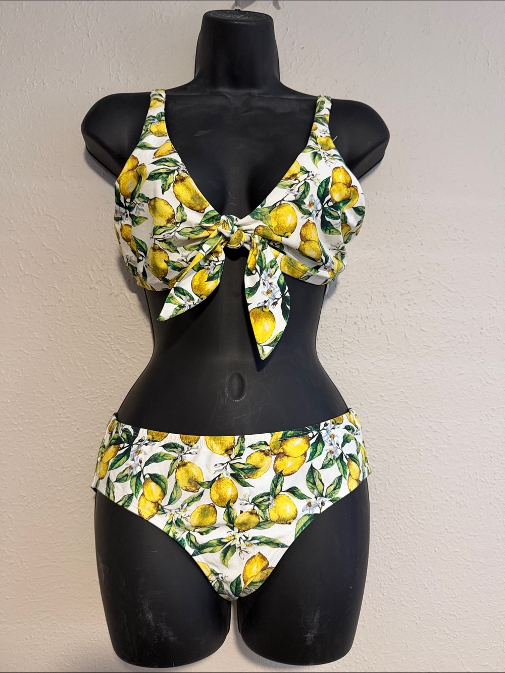 Tie-Front Lemon Print Bikini Top & Mid-Rise Bottoms - White & Yellow